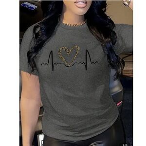 Gray Women's Leopard Print Heart Graphic T-Shirt Short Sleeve Top Size XL
